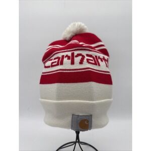 Carhartt Knit PomPom Cuffed Logo Beanie Red & White Stocking Hat New